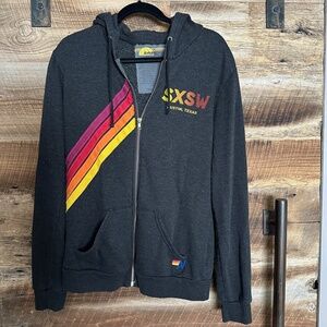 GUC - Aviator Nation - SXSW Zip-Up Hoodie - Charcoal w/ Rainbow Stripes - Large